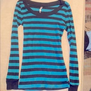 Heart & hips stretchy knit black and blue striped long sleeve top